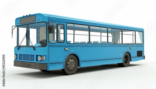 An empty retro-style city bus stands isolated on a white background, captured from a side angle viewpoint