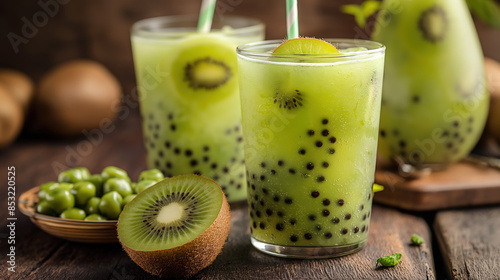 kiwi boba tea with green pebbles and kiwifruit on wooden table, close up