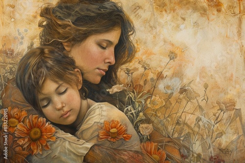A tender moment captured in a painting, showing a mother hugging her child with love and warmth