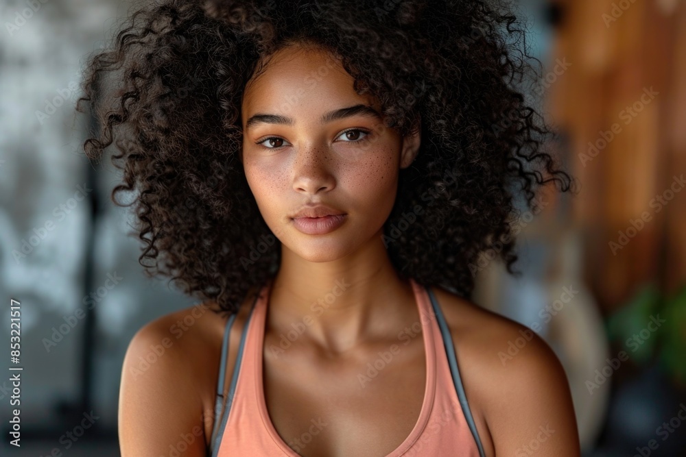 A sporty individual with a serene expression in an athletic setting. A sporty individual with a serene expression in an athletic setting.