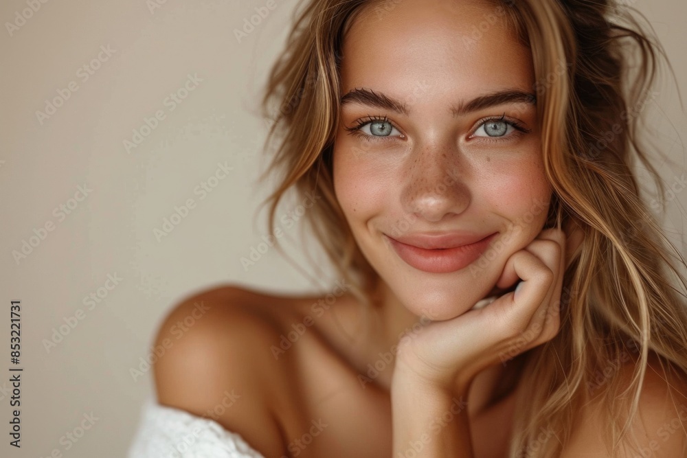 Elegance and poise: An elegant lady's graceful touch to her cheek and gentle smile highlight her beauty and self-assuredness. Elegance and poise: An elegant lady's graceful touch to her cheek and gentle smile highlight her beauty and self-assuredness.