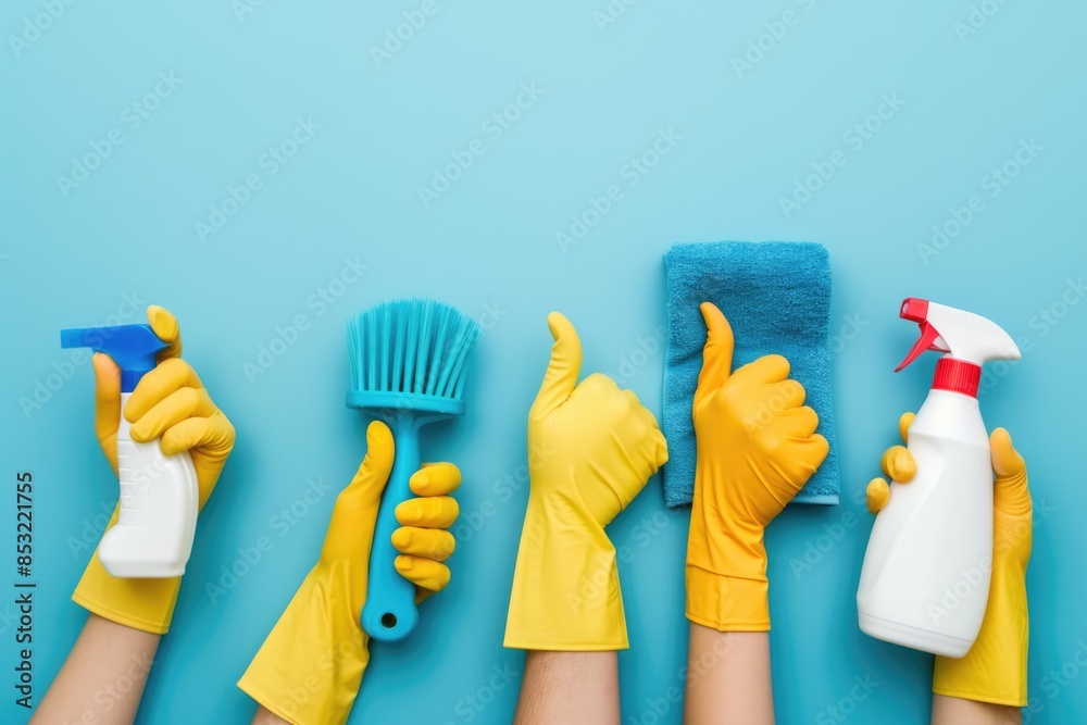 Rubber-gloved hands holding cleaning supplies on a blue background, symbolizing cleanliness and tidying Rubber-gloved hands holding cleaning supplies on a blue background, symbolizing cleanliness and tidying