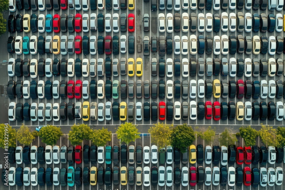 Car park panorama: A wide view of a well-organized parking lot, highlighting the uniformity of the parked vehicles. Car park panorama: A wide view of a well-organized parking lot, highlighting the uniformity of the parked vehicles.