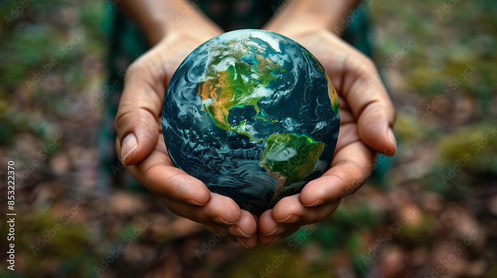 Hands Holding green Globe In Green Forest - Environment Concept Hands Holding green Globe In Green Forest - Environment Concept