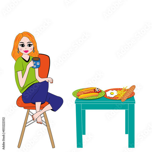 Mujer sentada y mesa con la comida.