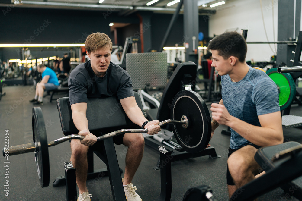 Portrait of male exercising support under supervision of personal coach. Trainer helping beginner sportsman for correct doing Scott Curls with barbell, lifting up EZ-bar sitting on preacher curl bench Portrait of male exercising support under supervision of personal coach. Trainer helping beginner sportsman for correct doing Scott Curls with barbell, lifting up EZ-bar sitting on preacher curl bench