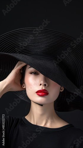 Fashion portrait of young beautiful woman in black hat on black background © korkut82