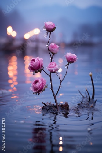 pink roses growing out of the water in the middle of the lake