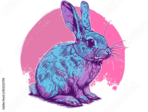 A blue rabbit is sitting on a white background. The rabbit is the main focus of the image and is surrounded by a pink circle. The blue color of the rabbit gives a sense of calmness and tranquility