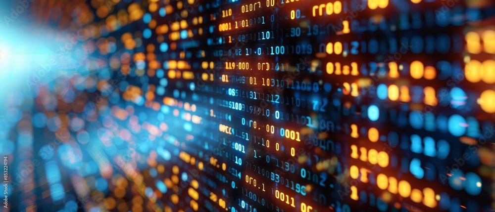 Closeup of a colorful digital code background with blue and orange lights, representing technology, data, and computer science. Closeup of a colorful digital code background with blue and orange lights, representing technology, data, and computer science.