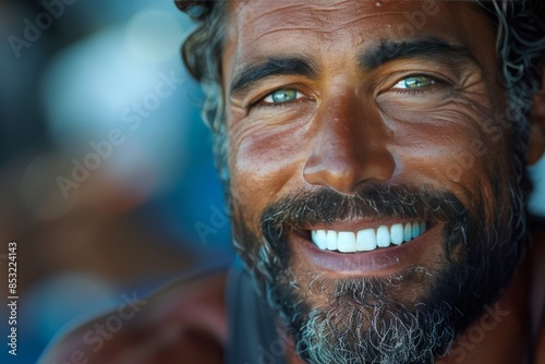 Joyful bearded man grinning with bright white teeth © Oleksandr