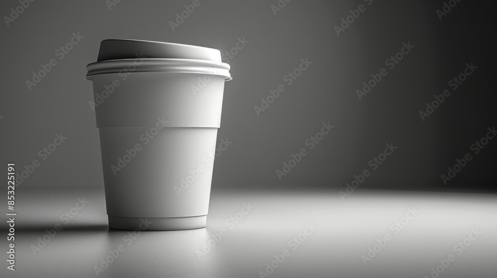 Coffee to go cup: A close-up shot of a blank labeled white coffee-to-go cup, standing alone on a white surface, with a clean and minimalist background.