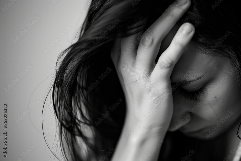 A woman is crying and her hand is on her forehead. She looks sad and upset. Concept of despair and hopelessness A woman is crying and her hand is on her forehead. She looks sad and upset. Concept of despair and hopelessness