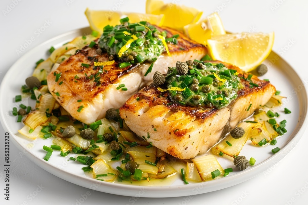 Chilean Sea Bass Dish Adorned with Caper-Herb Butter Chilean Sea Bass Dish Adorned with Caper-Herb Butter
