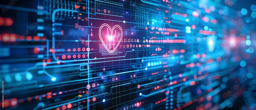 Futuristic digital illustration with neon heart shape amidst complex circuitry, symbolizing technology, data, and connectivity. Futuristic digital illustration with neon heart shape amidst complex circuitry, symbolizing technology, data, and connectivity.