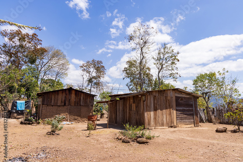 Landscape with small wooden houses in the mountains of Northern Nicaragua