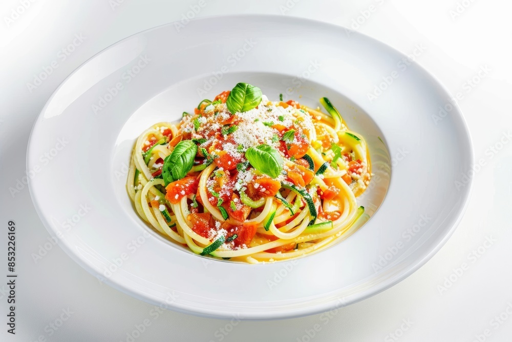 Capellini Pasta with Spicy Zucchini-Tomato Sauce and Basil Garnish Capellini Pasta with Spicy Zucchini-Tomato Sauce and Basil Garnish