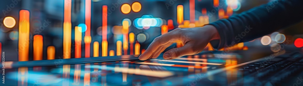 Hand on a digital sound mixer with colorful LED bars and bokeh city lights in the background, highlighting audio engineering and technology. Hand on a digital sound mixer with colorful LED bars and bokeh city lights in the background, highlighting audio engineering and technology.