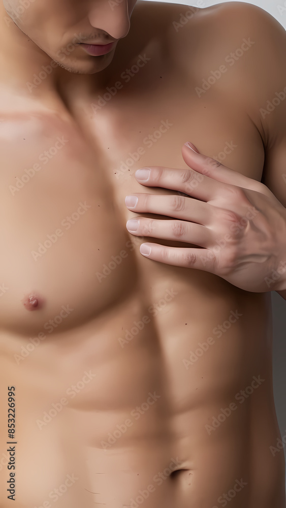 Fototapeta premium Man bare chest holding chest looking down