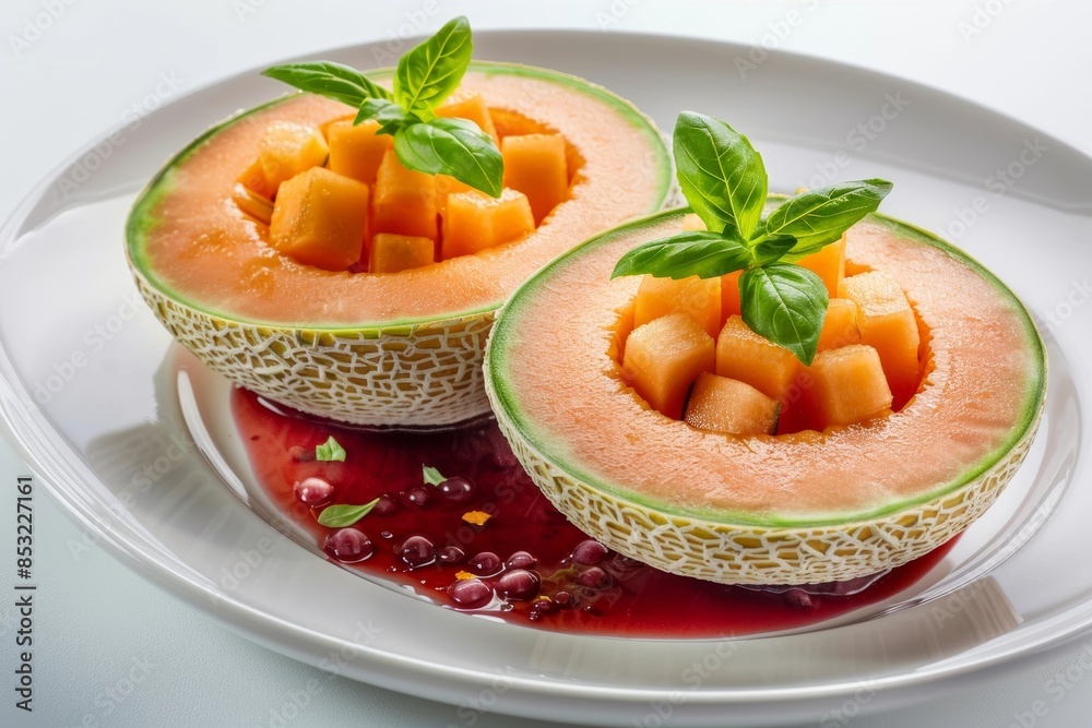 Cantaloupe Red Wine Surprise Dessert with Lemon Drizzle and Basil Garnish Cantaloupe Red Wine Surprise Dessert with Lemon Drizzle and Basil Garnish
