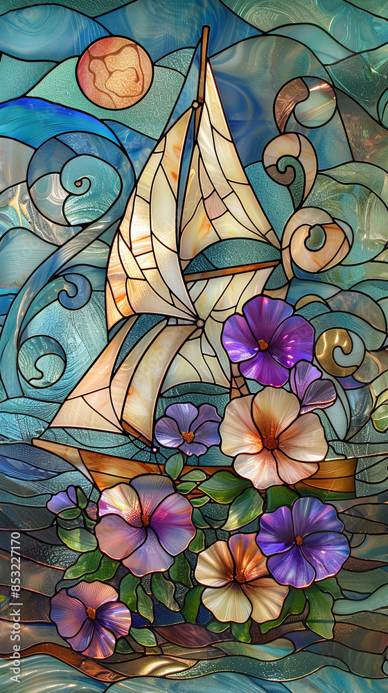 Artistic stained glass depicting a wooden boat filled with vibrant flowers, set against a serene, flowing water background. Artistic stained glass depicting a wooden boat filled with vibrant flowers, set against a serene, flowing water background.
