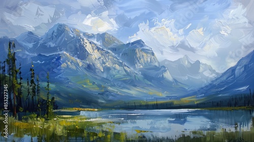 Mountains depicted in an oil painting with an oil based background