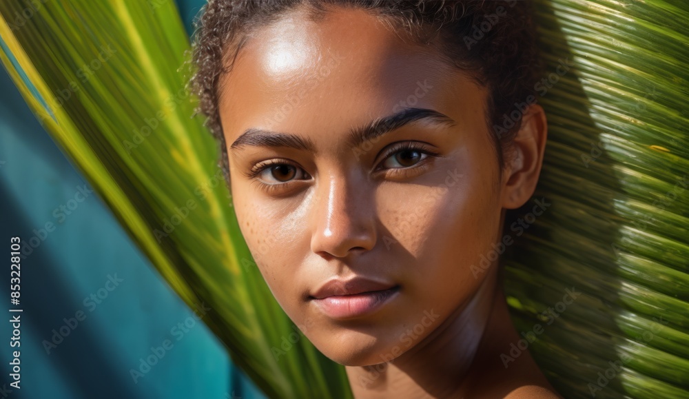 Portrait beautiful girl under palm leaves Portrait beautiful girl under palm leaves