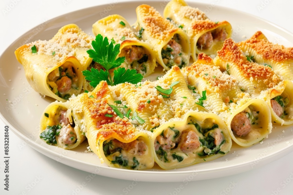 Elegant Veal and Sausage Stuffed Shells Plated on Porcelain Elegant Veal and Sausage Stuffed Shells Plated on Porcelain