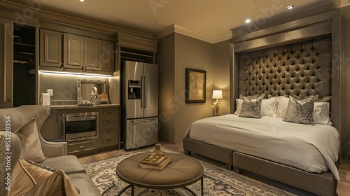 lavish guest suite with a small kitchenette featuring high-end appliances, a cozy seating area, and a luxurious bed with a high headboard