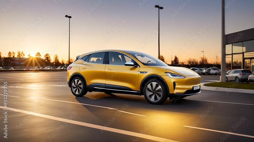 Fototapeta premium Yellow electric car in the parking lot