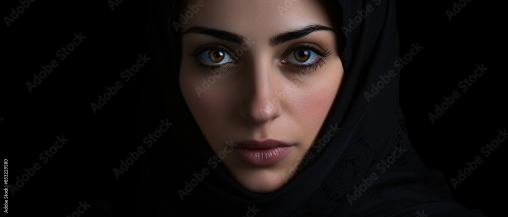 Portrait of a serious Middle Eastern woman wearing a black hijab, looking directly at the camera. Portrait of a serious Middle Eastern woman wearing a black hijab, looking directly at the camera.