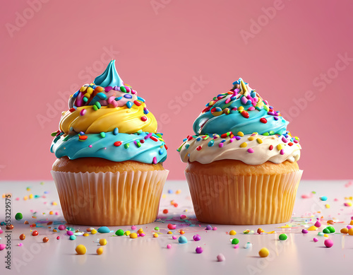 Two Cupcakes with Blue Frosting and Sprinkles on a Table: Perfect for Dessert Menu or Party Invitation