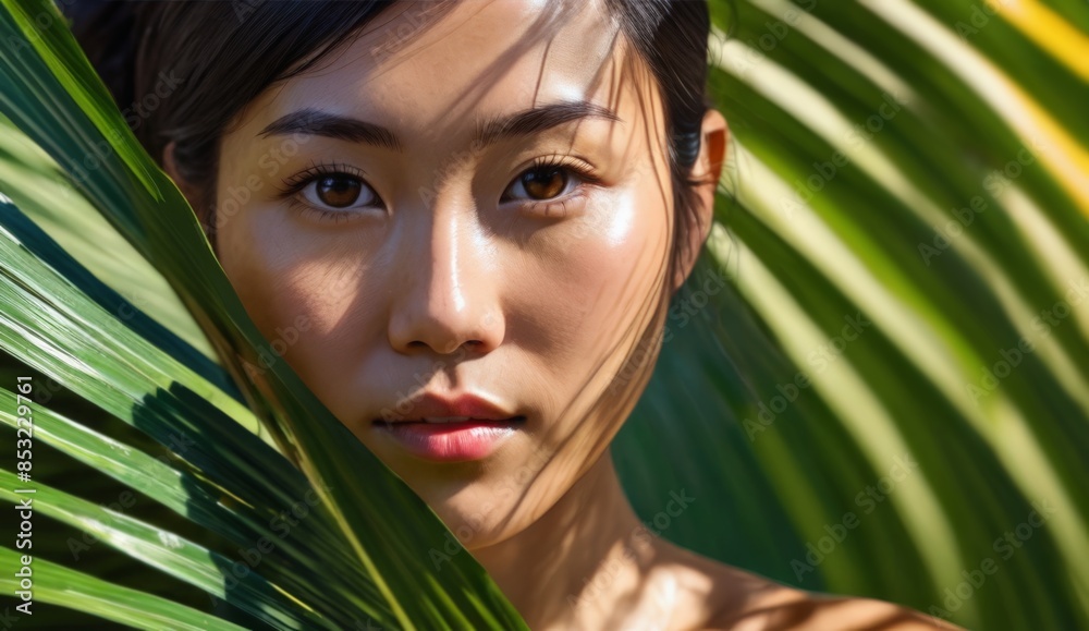 Portrait beautiful girl under palm leaves