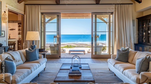 luxurious beach house living room with light, airy decor, comfortable seating, and sliding glass doors opening to a breathtaking ocean view