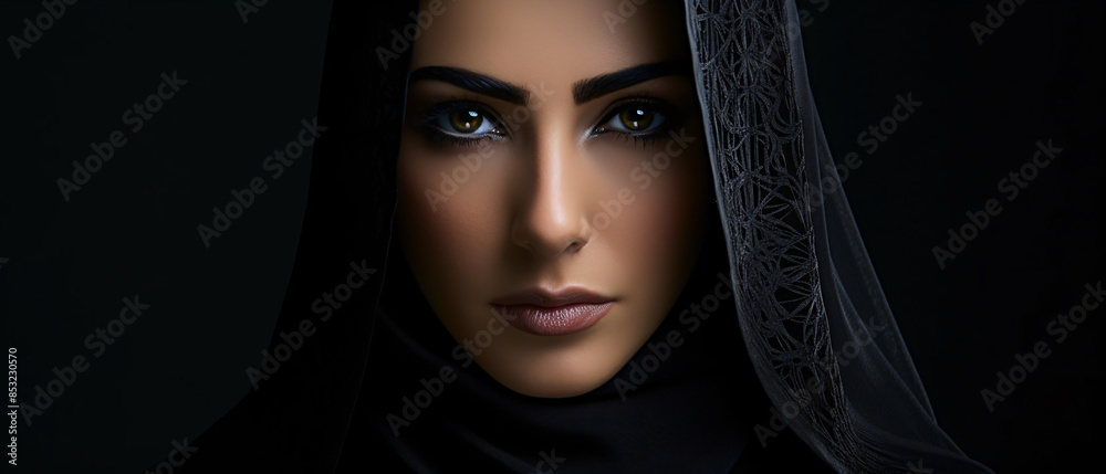 Portrait of a serious Middle Eastern woman wearing a black hijab, looking directly at the camera. Portrait of a serious Middle Eastern woman wearing a black hijab, looking directly at the camera.
