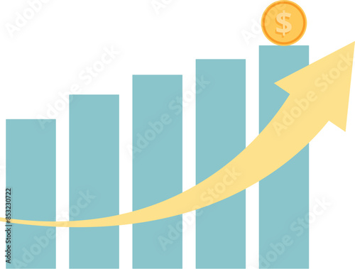 Bar graph is showing increasing profit with upward arrow and gold coin