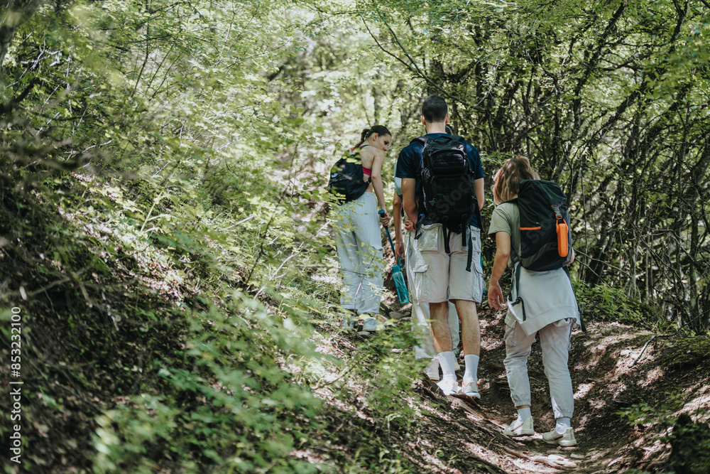 Group of friends hiking together on a scenic mountain trail, enjoying nature and outdoor adventure on a sunny day. Group of friends hiking together on a scenic mountain trail, enjoying nature and outdoor adventure on a sunny day.