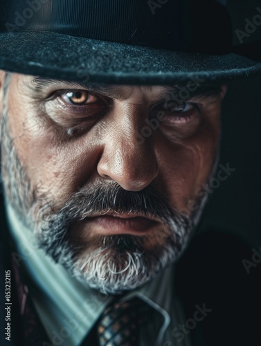Closeup portrait of a serious man in a hat, middle-aged guy with salt-and-pepper beard, shirt, suit and necktie, sad, upset, focused or threatening, dangerous thief, spy or professor, resolute mind photo