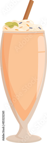 Tall glass of peach milkshake is topped with whipped cream and a cinnamon stick