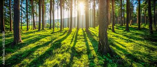 Sunset or sunrise in the pine forest with rays of light passing through the trees.