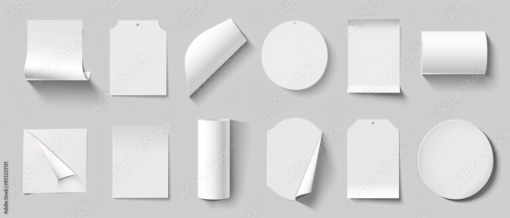 Set of white paper stickers with curled corners. Template for branding identity. Vector illustration Set of white paper stickers with curled corners. Template for branding identity. Vector illustration