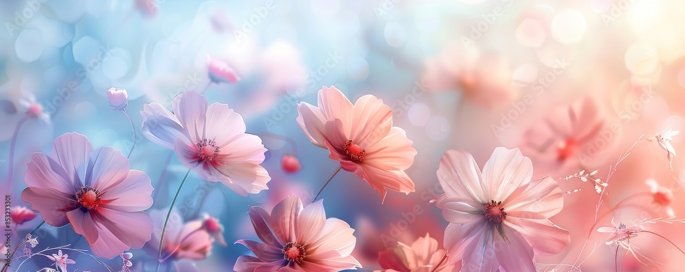 Beautiful pastel flowers with soft colors in a dreamy, tranquil garden scene Beautiful pastel flowers with soft colors in a dreamy, tranquil garden scene
