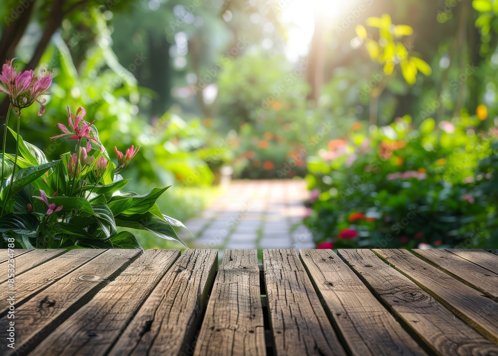 Empty wooden table top with blurred garden background for product display presentation Empty wooden table top with blurred garden background for product display presentation