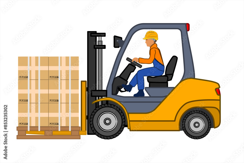 Man driving a forklift. Industrial forklift truck with boxes. Side view of the machine. Hydraulic machinery. Forklift unloads the pallets with boxes. Vector illustration in flat style. Man driving a forklift. Industrial forklift truck with boxes. Side view of the machine. Hydraulic machinery. Forklift unloads the pallets with boxes. Vector illustration in flat style.