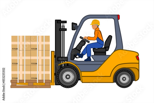 Man driving a forklift. Industrial forklift truck with boxes. Side view of the machine. Hydraulic machinery. Forklift unloads the pallets with boxes. Vector illustration in flat style.