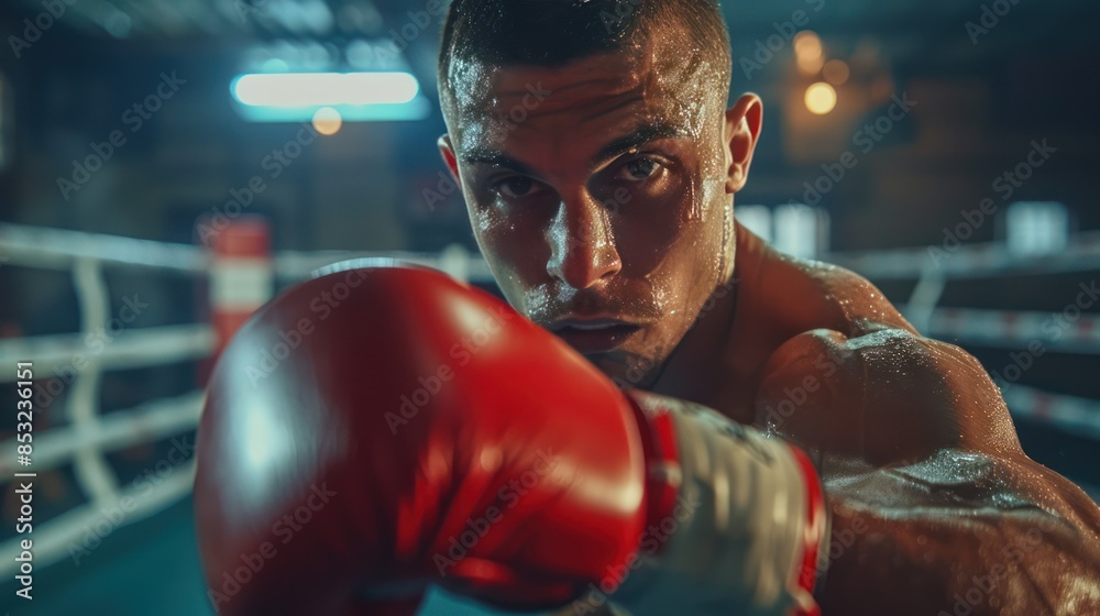 Hispanic Boxer Throwing a Punch in Gym's Boxing Ring with Gloves - Dynamic Fighting Scene Hispanic Boxer Throwing a Punch in Gym's Boxing Ring with Gloves - Dynamic Fighting Scene