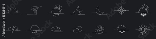 Weather one single line symbols banners set. Continuous editable stroke hand drawn line. Vector stock illustration isolated on black background for design travel blog, meteorology forecast day.