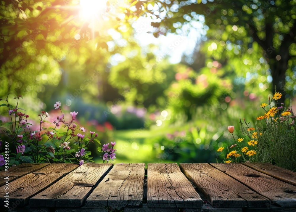 Naklejka premium Empty wooden table top with blurred garden background for product display presentation 