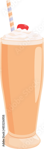 Tall glass of milkshake with whipped cream, a cherry on top, and a straw is shown