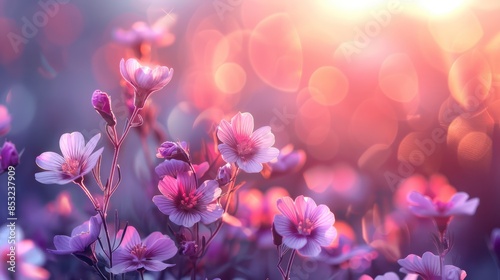 Pastel Wildflower Meadow at Sunset: Colorful Floral Landscape with Blurred Background and Copy Space for Magical Nature Scenes